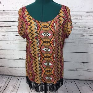 INC | southwest Aztec fringe boho fun top shirt